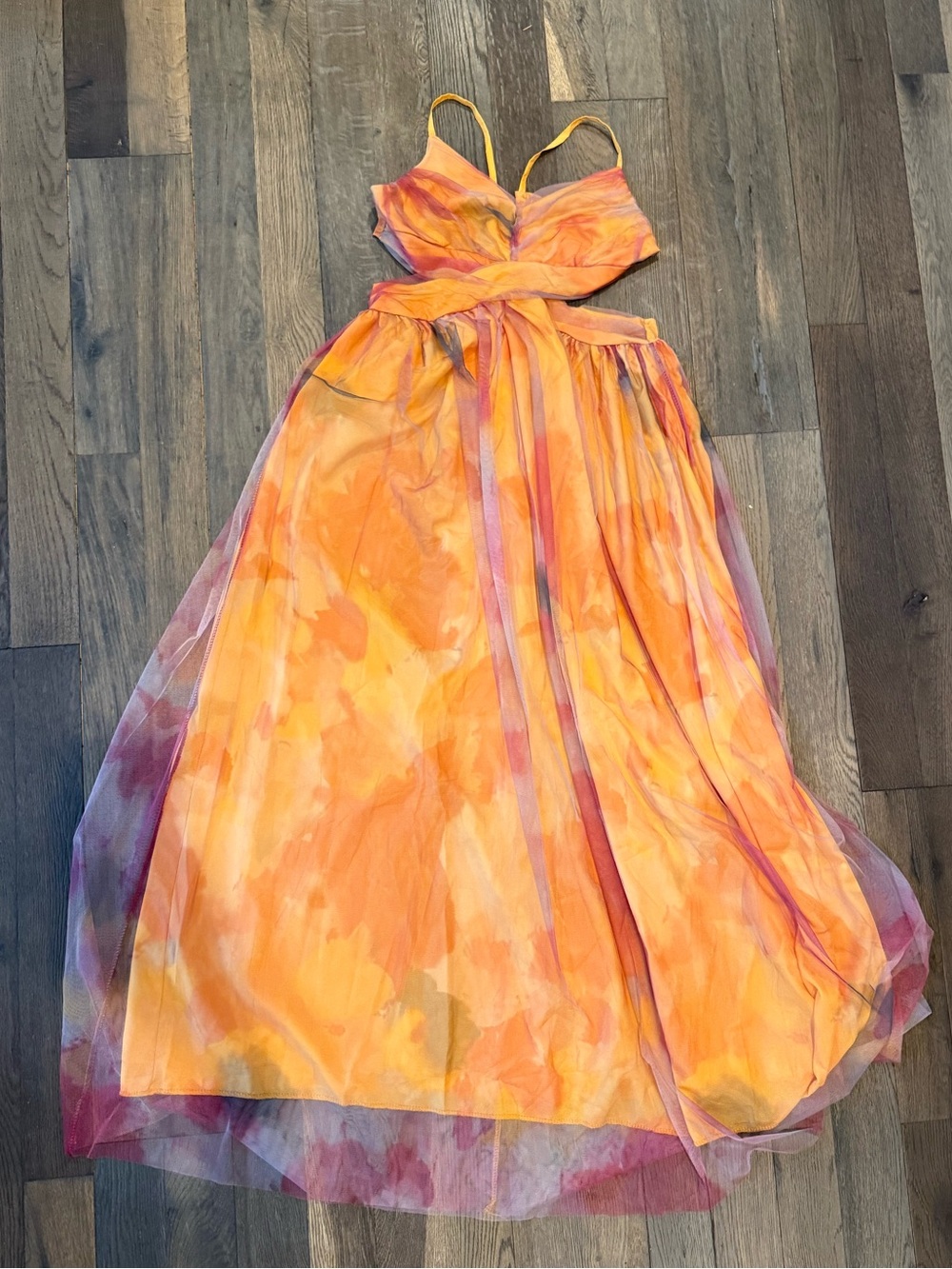 Women’s M Orange Watercolor Backless Maxi Dress with Spaghetti Straps